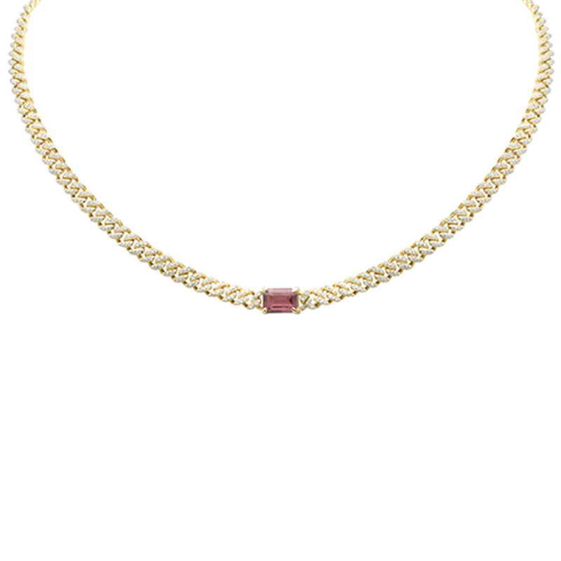 SPECIAL! 2.56ct G SI 14K Yellow Gold Diamond & Pink Tourmaline Emerald Cut Gemstone Necklace 13+3" Long