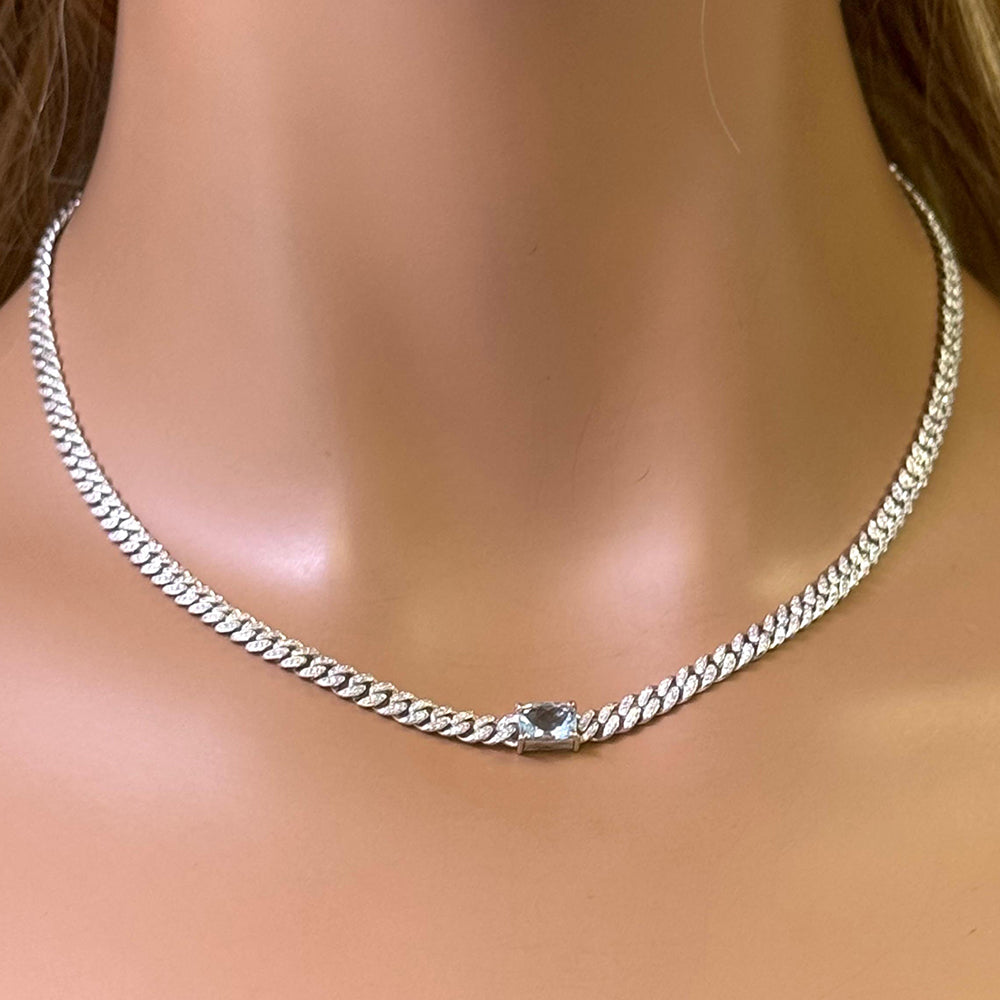 SPECIAL! 2.19ct G SI 14K White Gold Aquamarine Gemstone & Diamond Cuban Necklace 13+3" Long