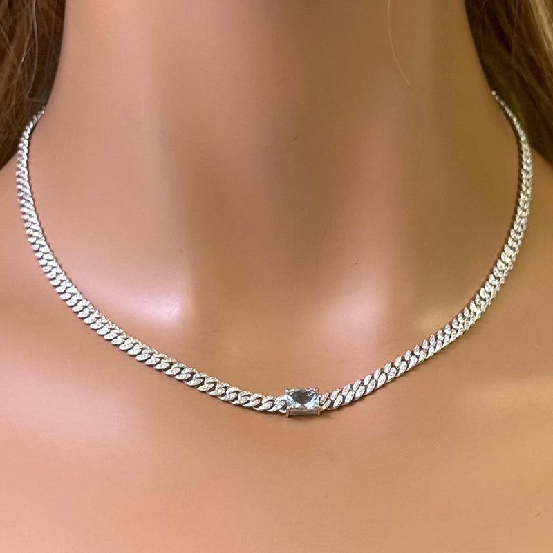 SPECIAL! 2.19ct G SI 14K White Gold Aquamarine Gemstone & Diamond Cuban Necklace 13+3" Long