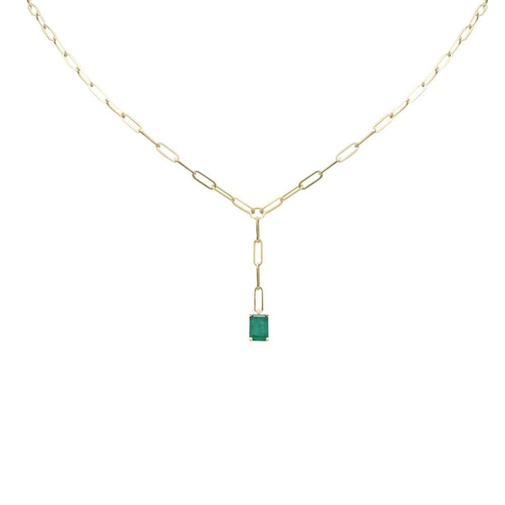 SPECIAL! .95ct G SI 14K Yellow Gold Green Emerald Gemstone Paperclip Necklace 14 + 2" Ext