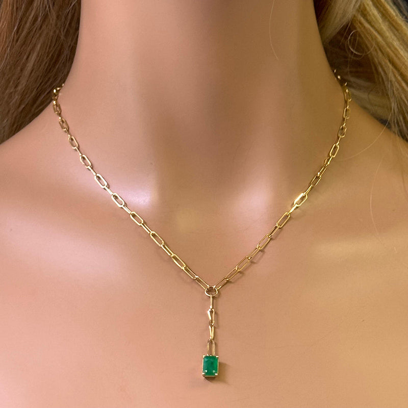 SPECIAL! .95ct G SI 14K Yellow Gold Green Emerald Gemstone Paperclip Necklace 14 + 2" Ext