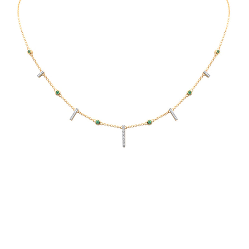 GEMSTONE CLOSEOUT! .23ct G SI 14K Yellow Gold Diamond & Green Emerald Modern Necklace 14 + 2" Ext