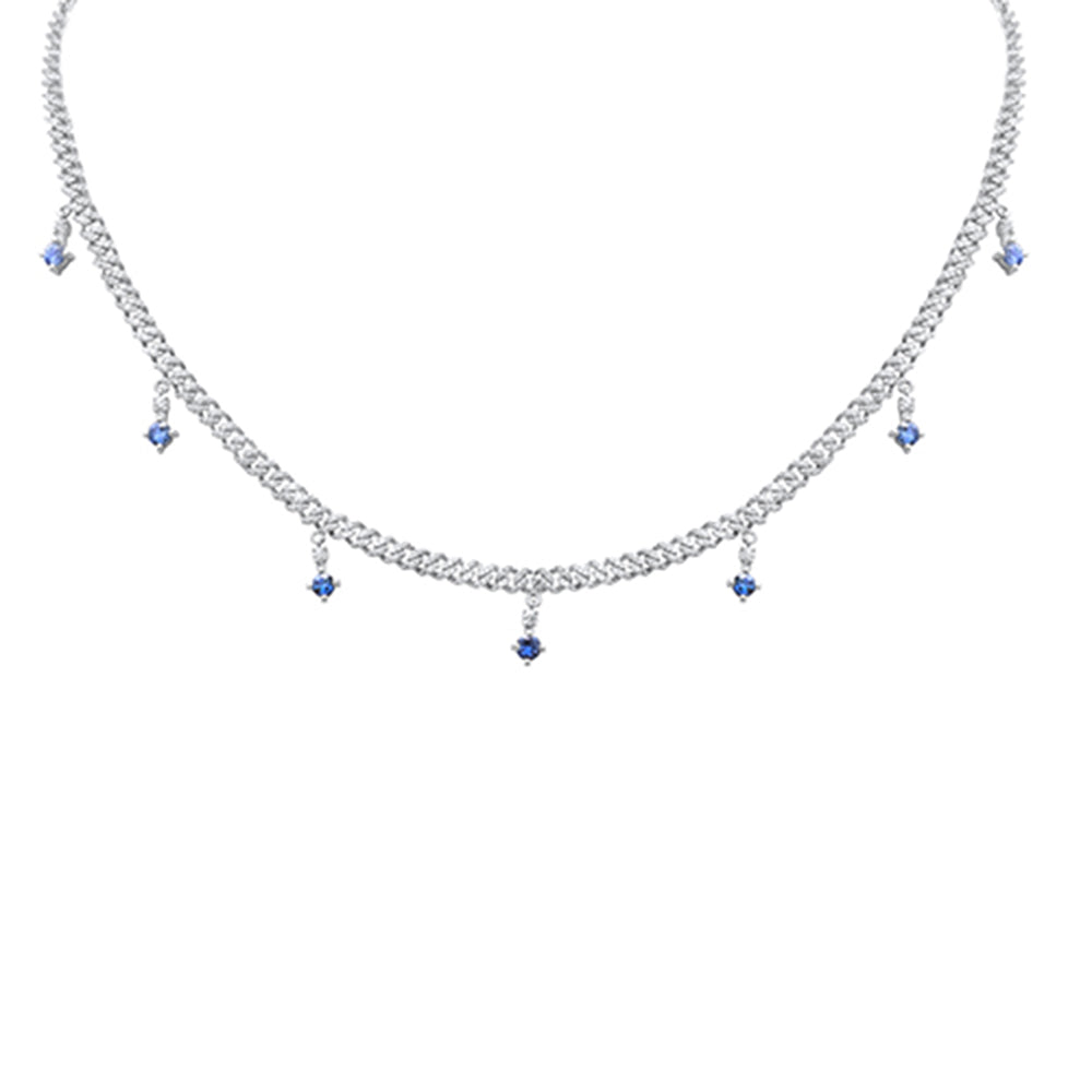 GEMSTONE CLOSEOUT!  2.18ct G SI 14K White Gold Diamond & Blue Sapphire Cuban Chain Necklace 12+4"Long