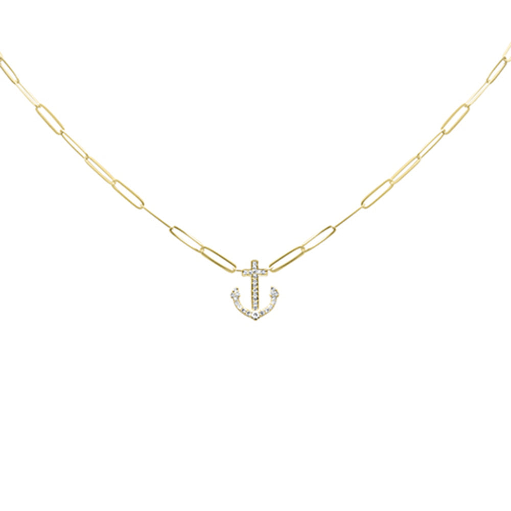 SPECIAL! .22ct G SI 14K Yellow Gold Diamond Anchor Pendant Paperclip Necklace 18" Long