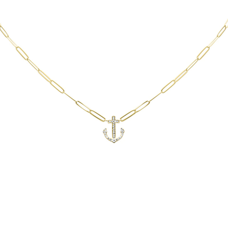 SPECIAL! .22ct G SI 14K Yellow Gold Diamond Anchor Pendant Paperclip Necklace 18" Long