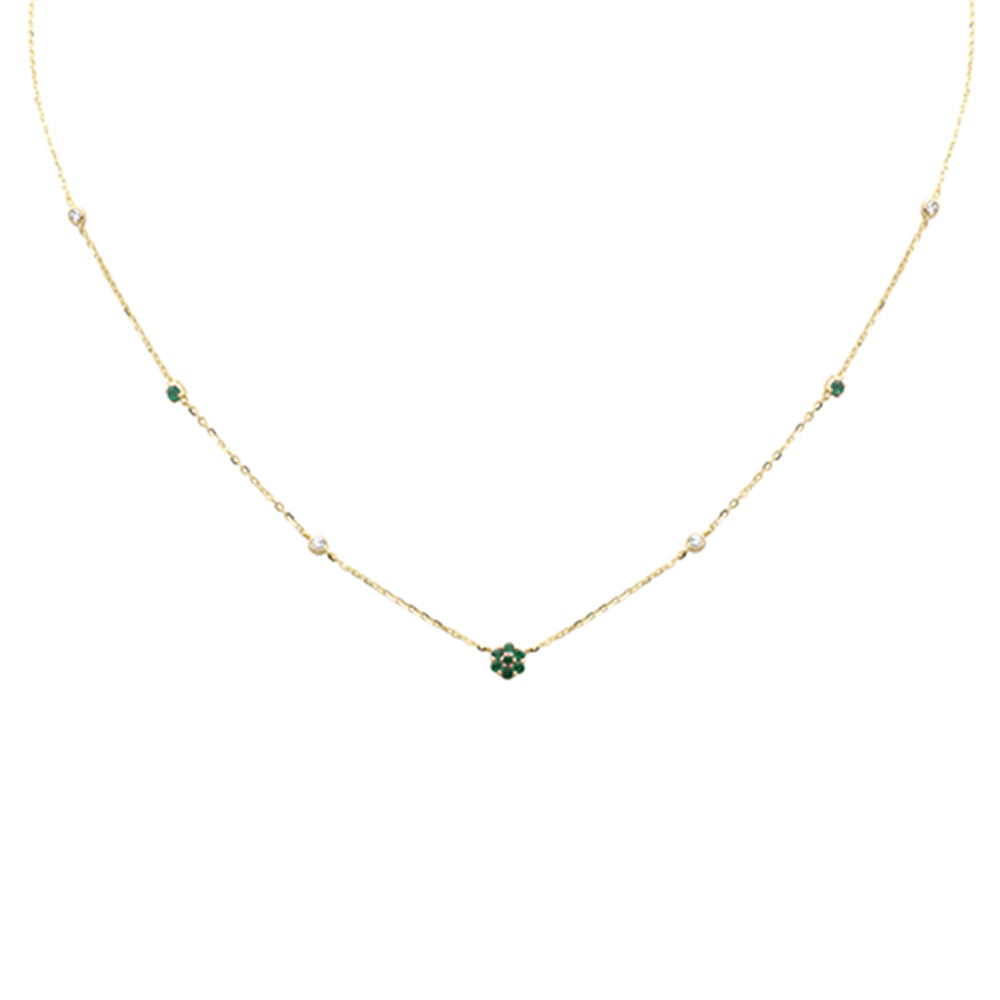 SPECIAL! .29ct G SI 14K Yellow Gold Diamond & Emerald Gemstone Flower Pendant Necklace 16+2" Long
