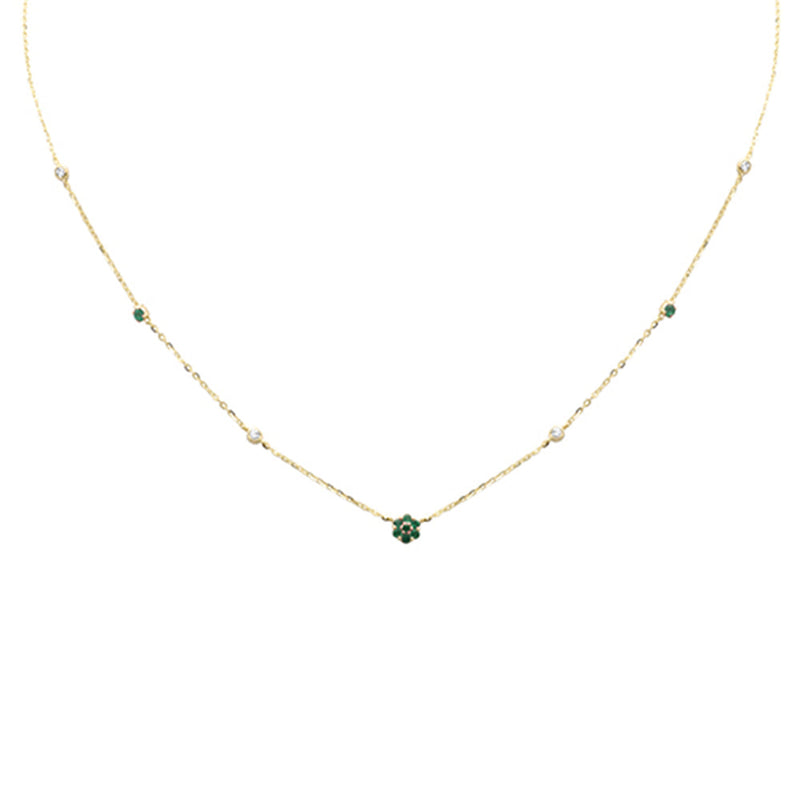 SPECIAL! .29ct G SI 14K Yellow Gold Diamond & Emerald Gemstone Flower Pendant Necklace 16+2" Long