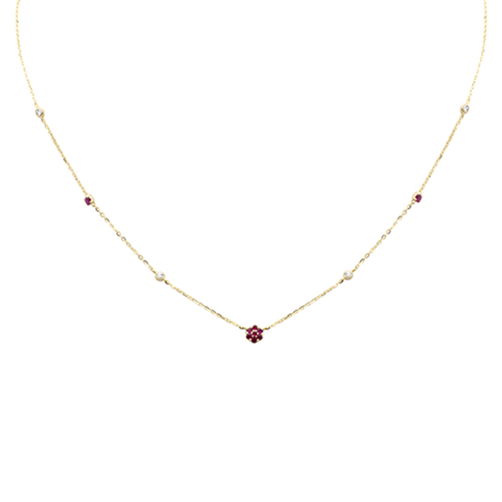 SPECIAL!.35ct G SI 14K Yellow Gold Diamond & Ruby Gemstone Flower Pendant Necklace 16+2" Long