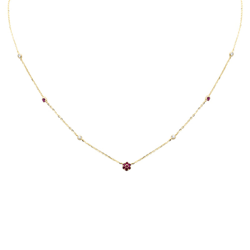 SPECIAL!.35ct G SI 14K Yellow Gold Diamond & Ruby Gemstone Flower Pendant Necklace 16+2" Long