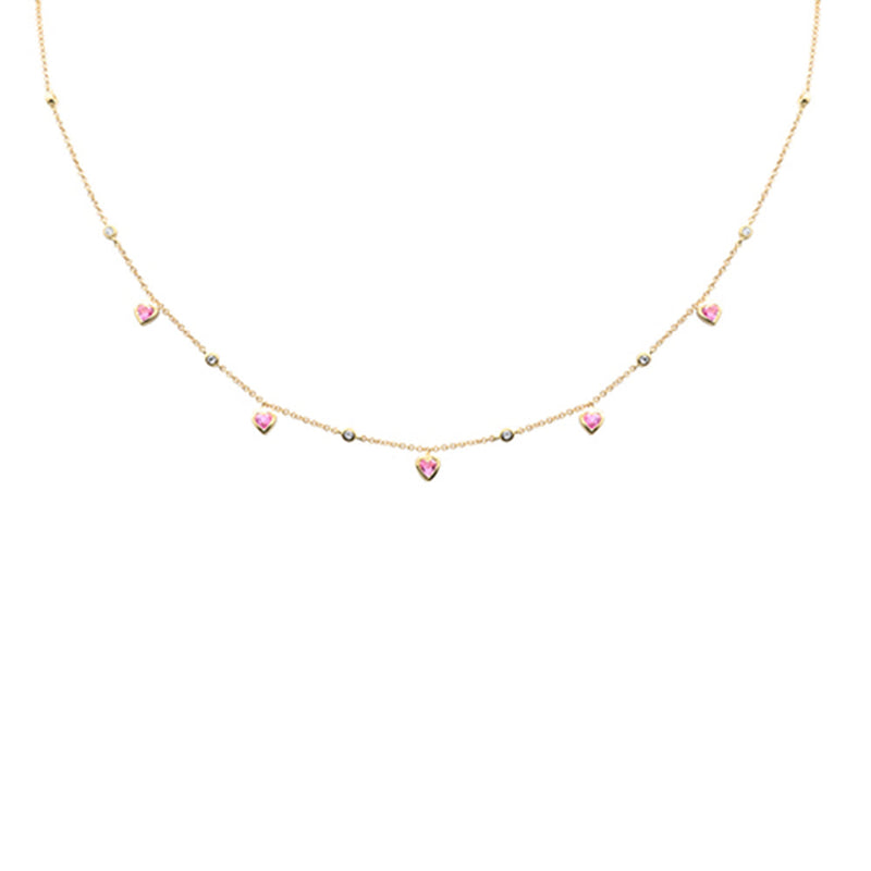 SPECIAL! .84ct G SI 14K Yellow Gold Round Diamond & Pink Sapphire Hearts Necklace 16 + 2" Ext