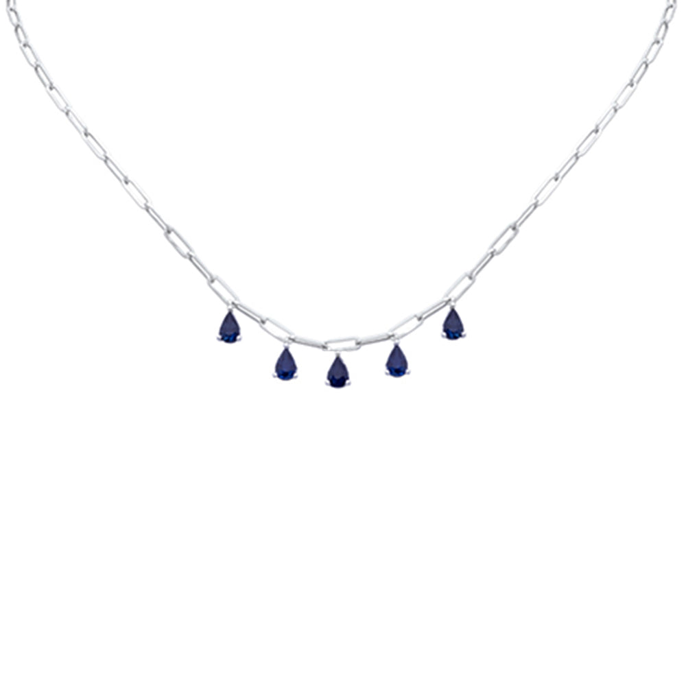 SPECIAL! 2.60ct G SI 14K White Gold Pear Drop Blue Sapphire Gemstone Paperclip Necklace 14+2" Long