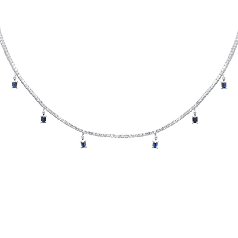 SPECIAL! 5.34ct G SI 14K White Gold Diamond & Blue Sapphire Gemstone Tennis Necklace 13" + 6" EXT