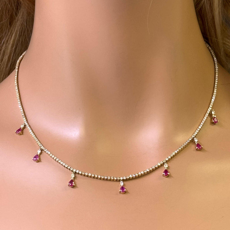 SPECIAL! 3.44ct G SI 14K Yellow Gold Diamond & Ruby Tennis Necklace 14" + 2" EXT