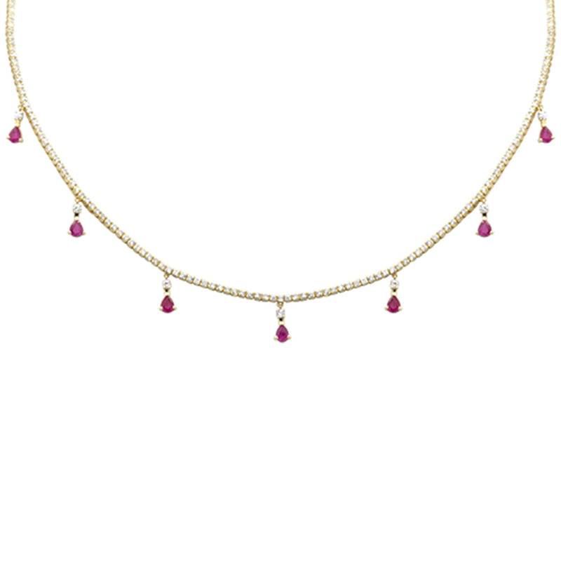 SPECIAL! 3.44ct G SI 14K Yellow Gold Diamond & Ruby Tennis Necklace 14" + 2" EXT