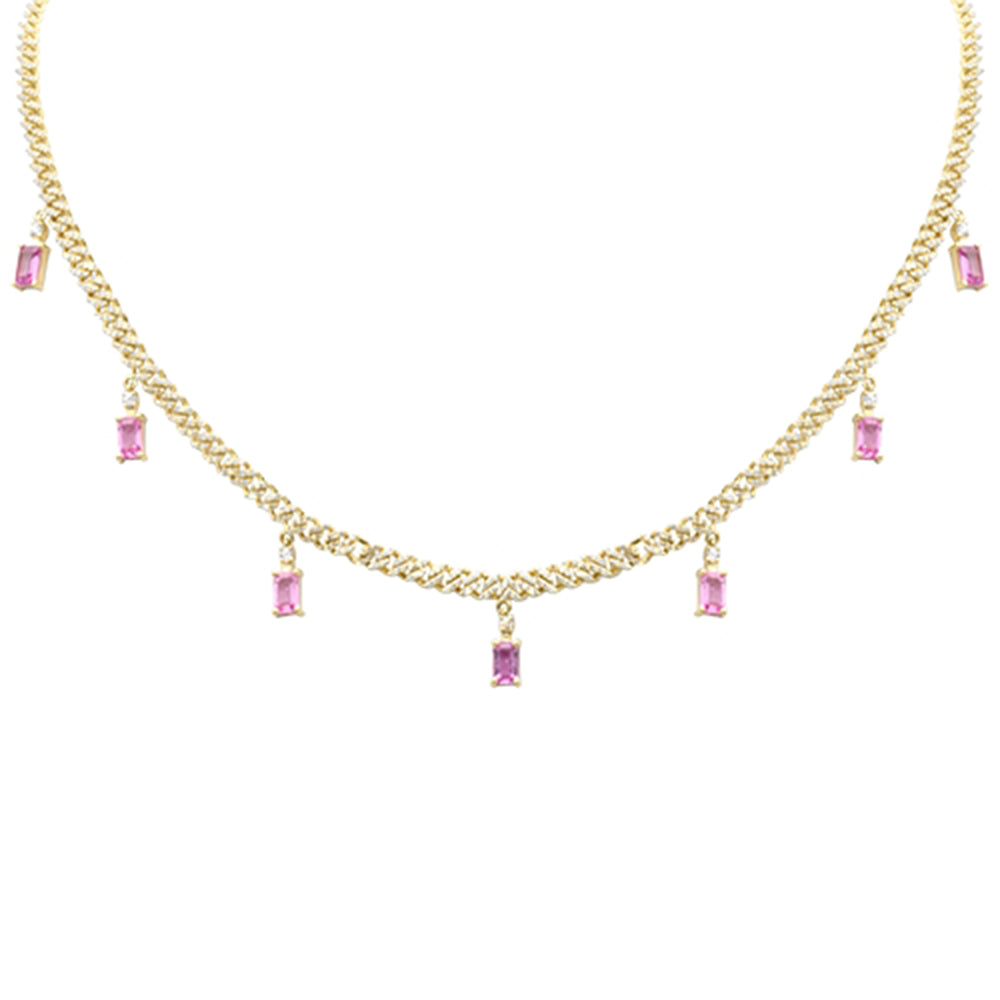 SPECIAL! 3.47ct G SI 14K Yellow Gold Diamond & Pink Sapphire Cuban Link Necklace 12" + 4" EXT