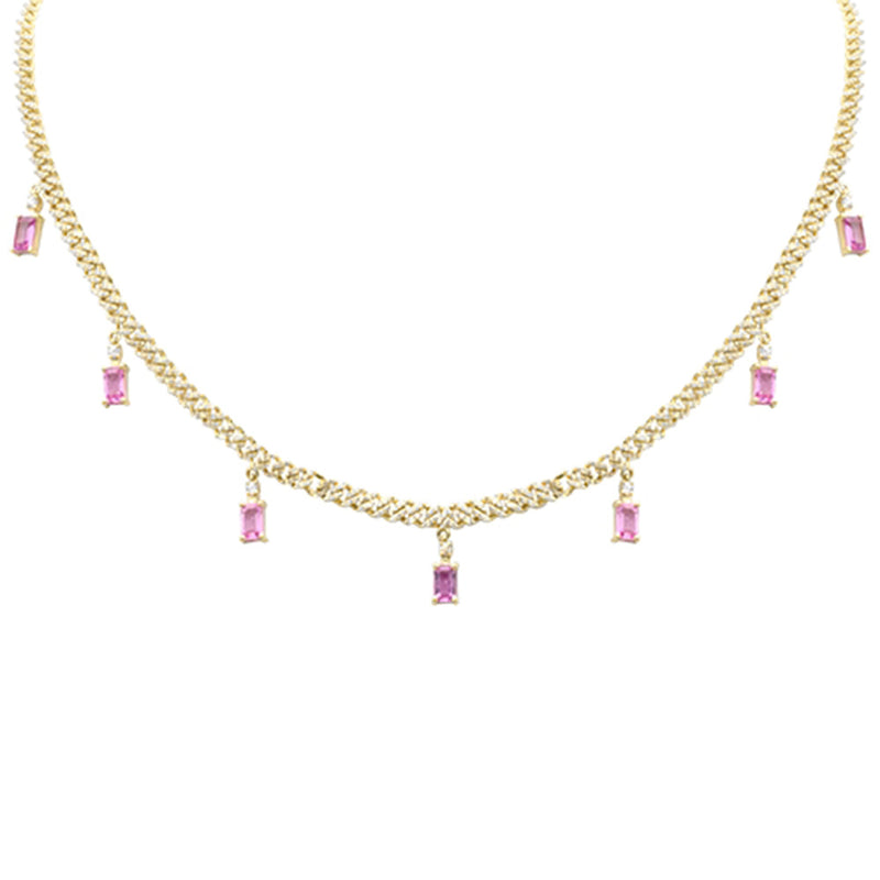 SPECIAL! 3.47ct G SI 14K Yellow Gold Diamond & Pink Sapphire Cuban Link Necklace 12" + 4" EXT