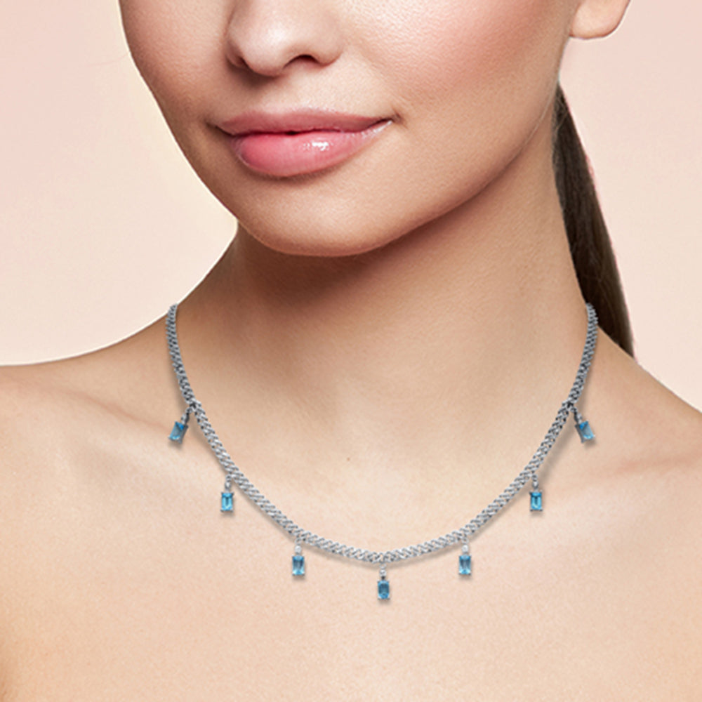 GEMSTONE CLOSEOUT!  3.80ct G SI 14K White Gold Diamond & Aquamarine Cuban Necklace 12" + 4" EXT