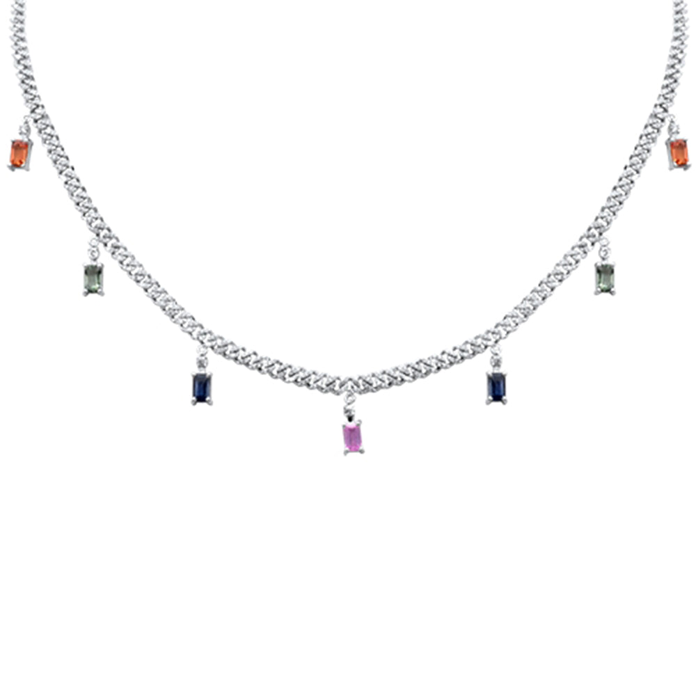 GEMSTONE CLOSEOUT!  3.93ct G SI 14K White Gold Diamond & Multi Color 3MM Cuban Link Necklace 12" + 4" EXT
