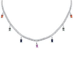 GEMSTONE CLOSEOUT!  3.93ct G SI 14K White Gold Diamond & Multi Color 3MM Cuban Link Necklace 12" + 4" EXT