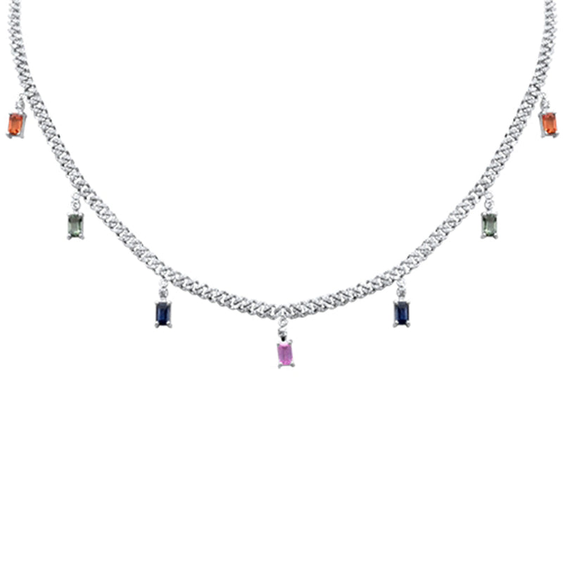 GEMSTONE CLOSEOUT!  3.93ct G SI 14K White Gold Diamond & Multi Color 3MM Cuban Link Necklace 12" + 4" EXT