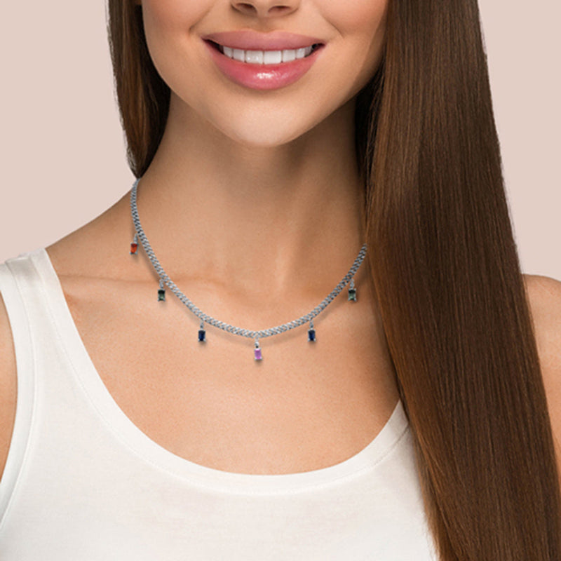 GEMSTONE CLOSEOUT!  3.93ct G SI 14K White Gold Diamond & Multi Color 3MM Cuban Link Necklace 12" + 4" EXT