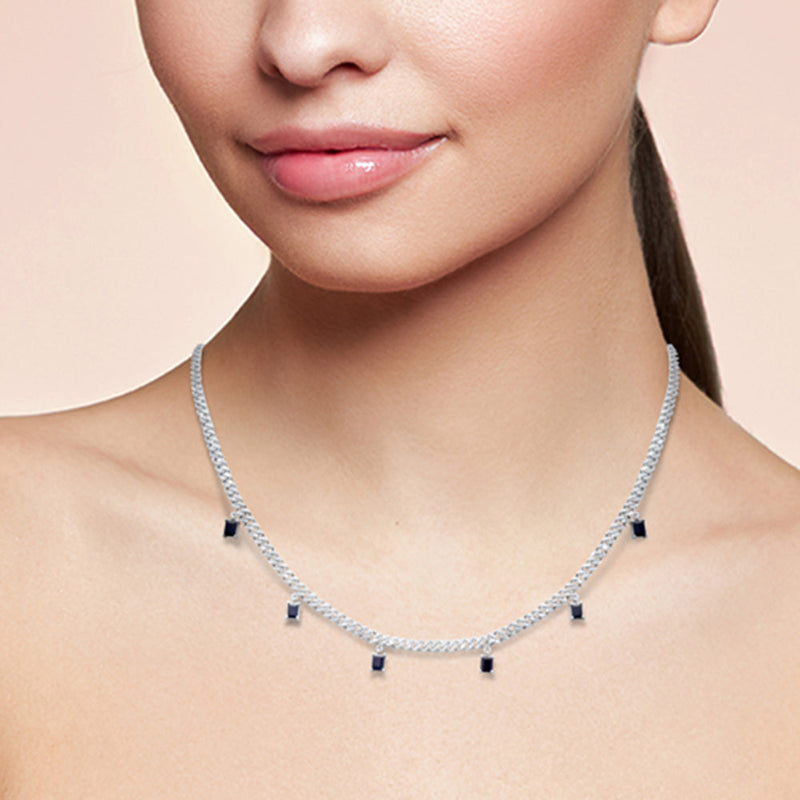 GEMSTONE CLOSEOUT!  2.82ct G SI 14K White Gold Diamond & Blue Sapphire Cuban Link Necklace 13" + 6" EXT