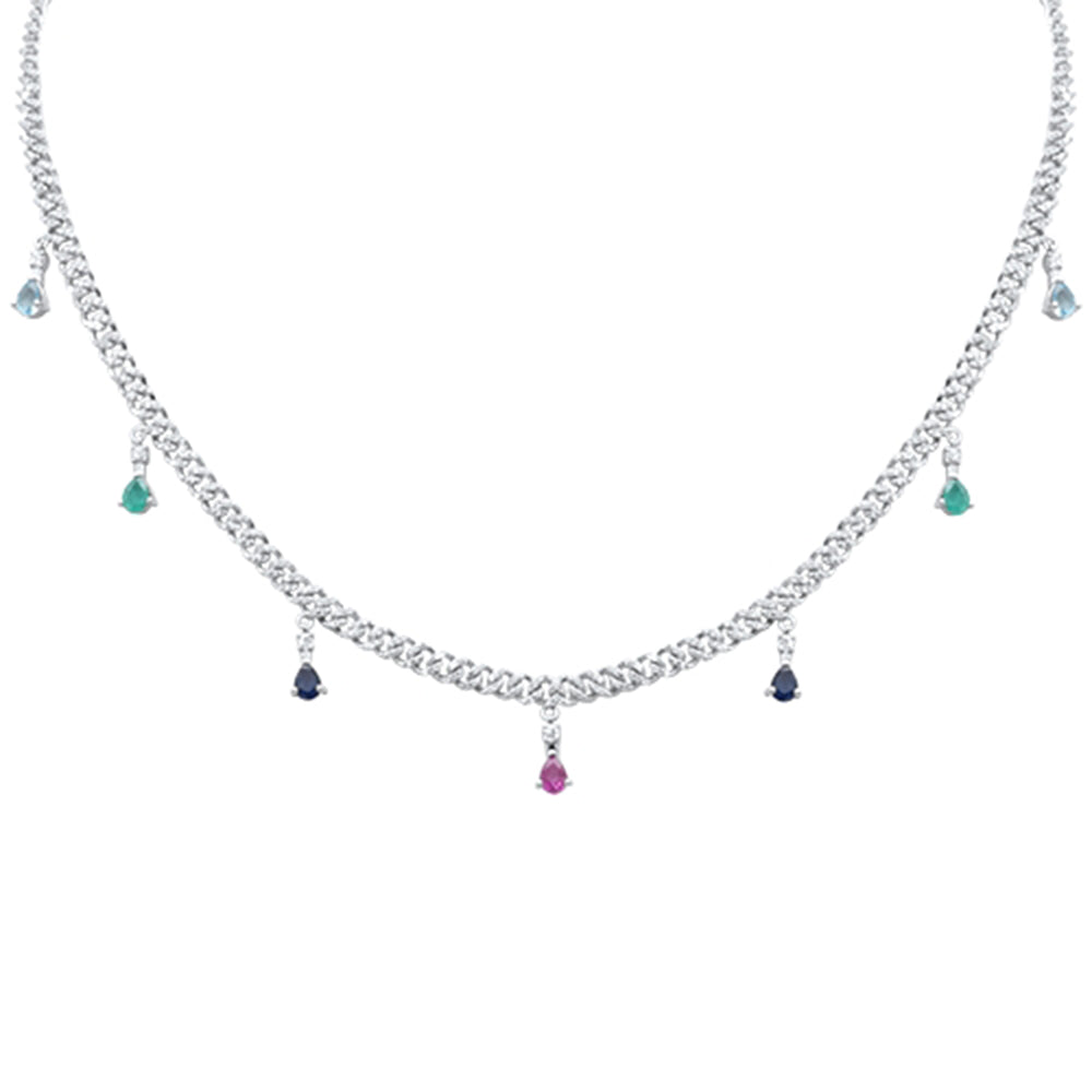 GEMSTONE CLOSEOUT!  2.74ct G SI 14K White Gold Diamond & Multi Color Gemstone Cuban Necklace 14" + 2" EXT