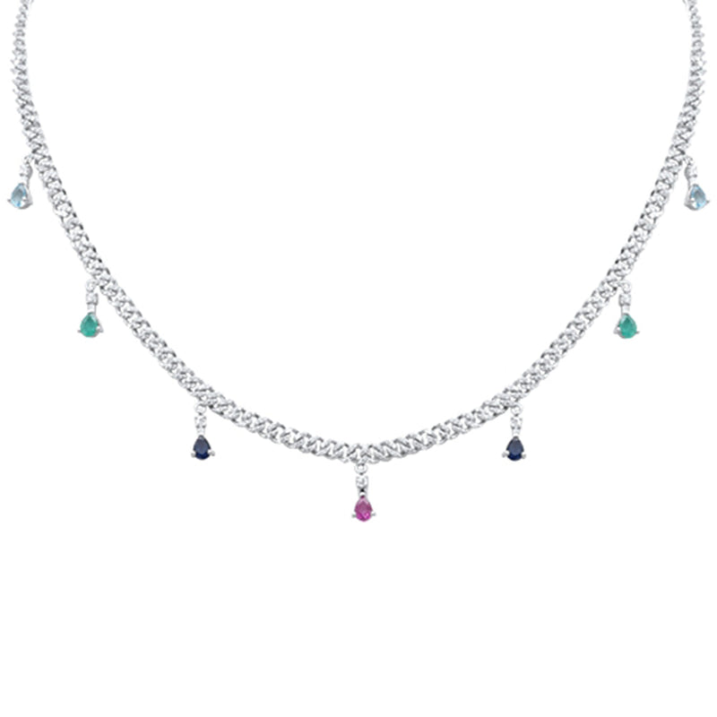 GEMSTONE CLOSEOUT!  2.74ct G SI 14K White Gold Diamond & Multi Color Gemstone Cuban Necklace 14" + 2" EXT