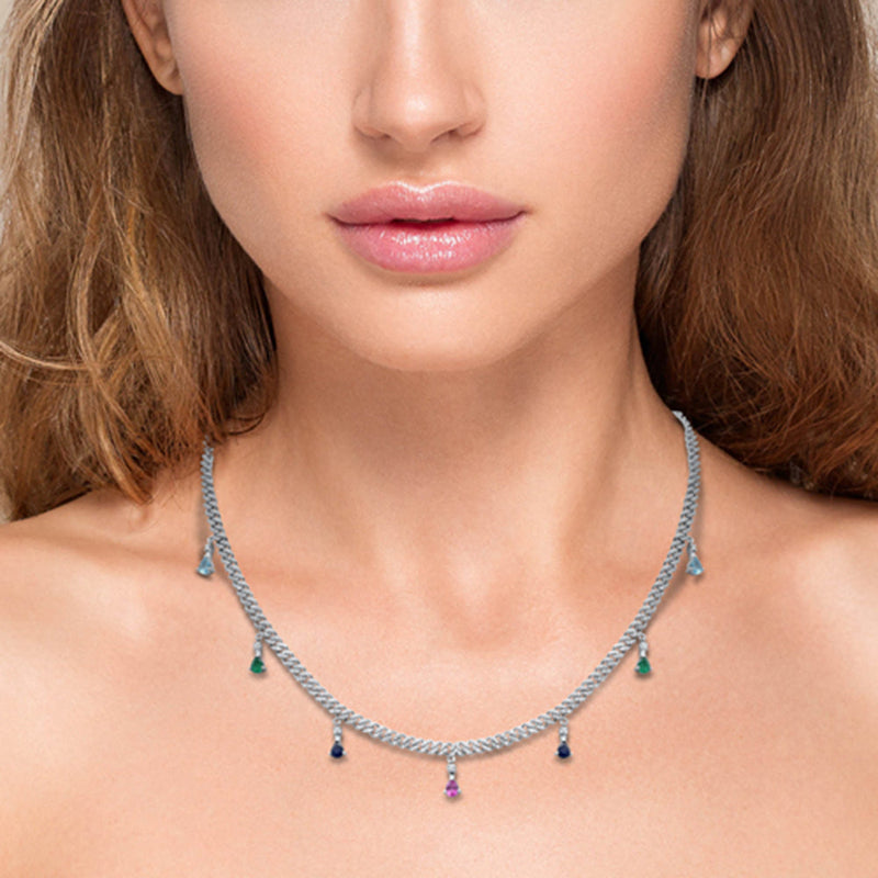 GEMSTONE CLOSEOUT!  2.52ct G SI 14K White Gold Diamond & Multi Color Gemstone Cuban Link Necklace 12" + 2" EXT