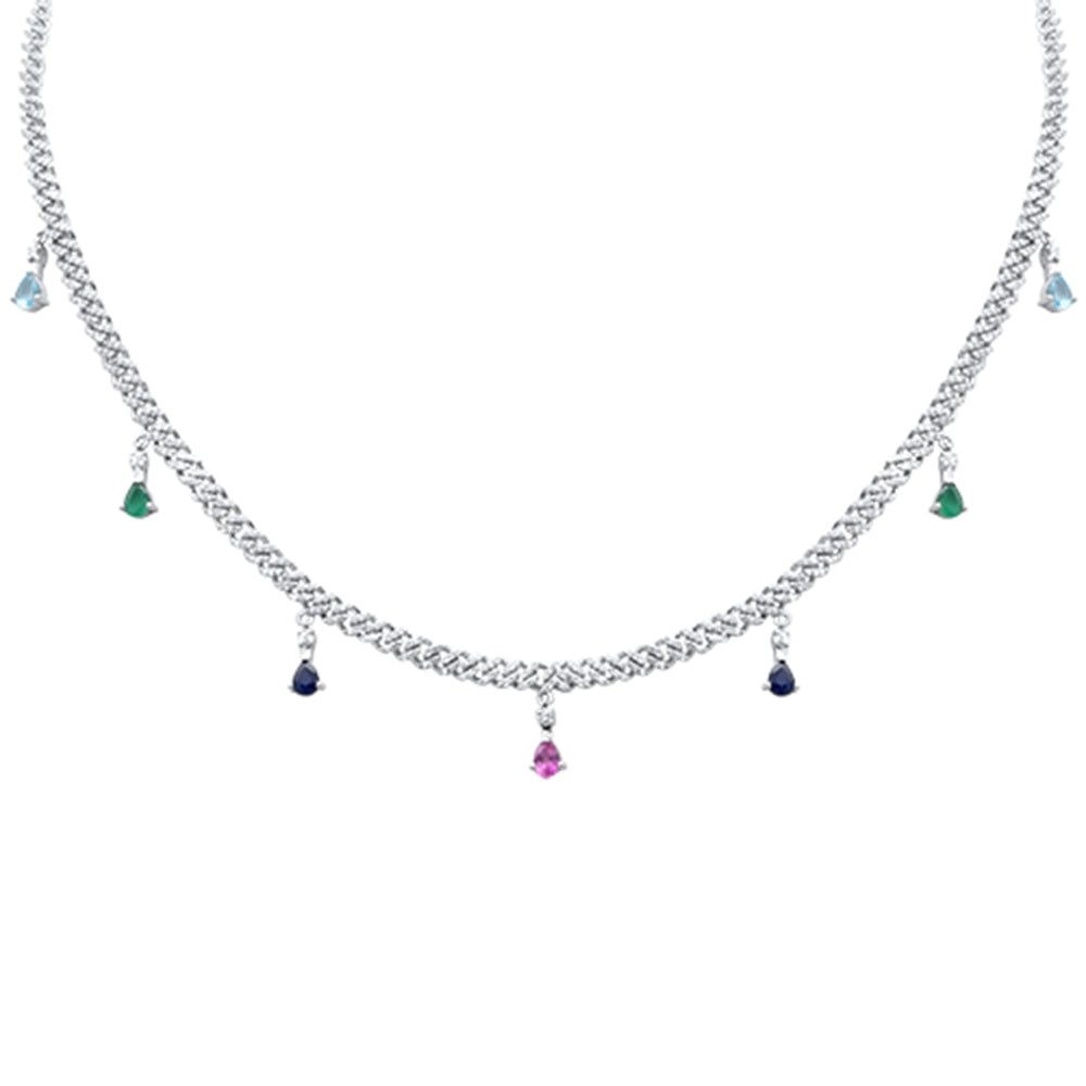 GEMSTONE CLOSEOUT!  2.52ct G SI 14K White Gold Diamond & Multi Color Gemstone Cuban Link Necklace 12" + 2" EXT