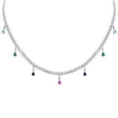 GEMSTONE CLOSEOUT!  2.52ct G SI 14K White Gold Diamond & Multi Color Gemstone Cuban Link Necklace 12" + 2" EXT
