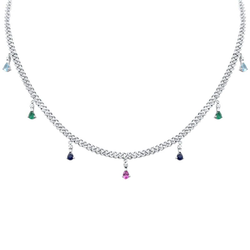 GEMSTONE CLOSEOUT!  2.52ct G SI 14K White Gold Diamond & Multi Color Gemstone Cuban Link Necklace 12" + 2" EXT