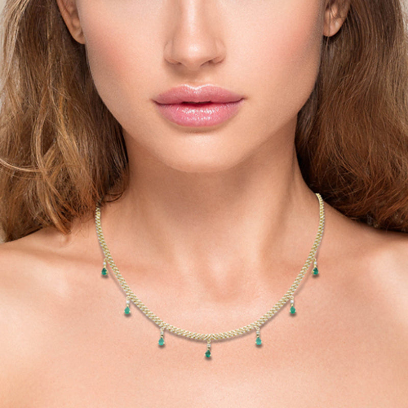 SPECIAL! 2.22ct G SI 14K Yellow Gold Diamond & Emerald 3MM Cuban Link Necklace 12" + 4" EXT