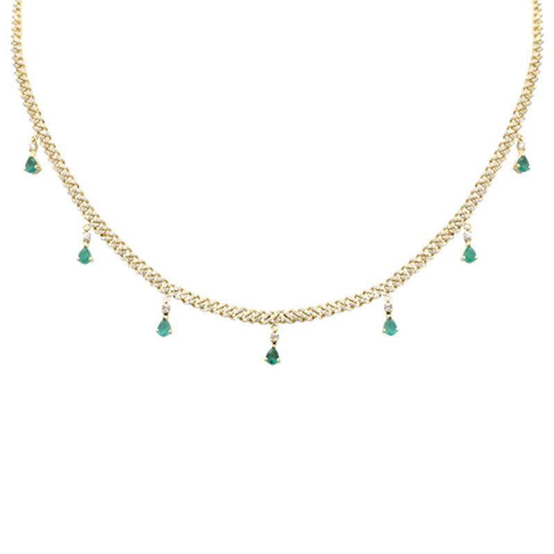 SPECIAL! 2.22ct G SI 14K Yellow Gold Diamond & Emerald 3MM Cuban Link Necklace 12" + 4" EXT