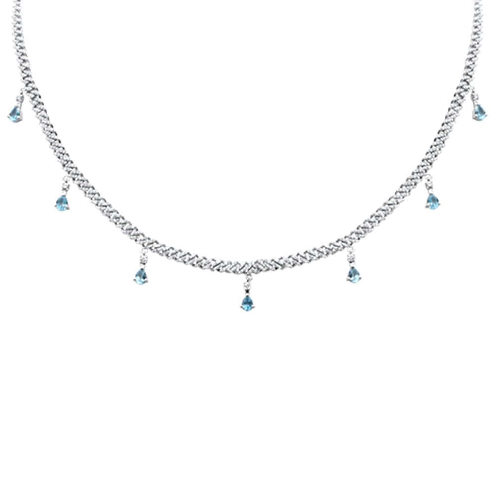 SPECIAL! 2.40ct G SI 14K White Gold Diamond & Aquamarine Cuban Link Necklace 12" + 4" EXT