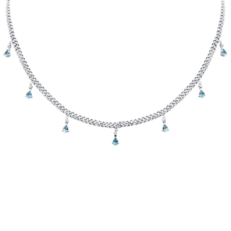 SPECIAL! 2.40ct G SI 14K White Gold Diamond & Aquamarine Cuban Link Necklace 12" + 4" EXT