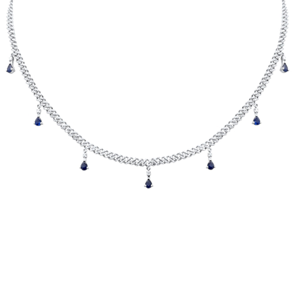 GEMSTONE CLOSEOUT!  2.44ct G SI 14k White Gold Diamond & Blue Sapphire Cuban Link Necklace 14" + 2" EXT