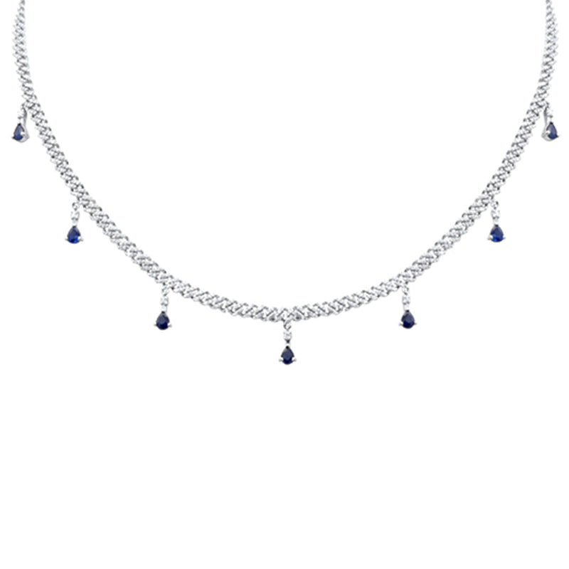 GEMSTONE CLOSEOUT!  2.44ct G SI 14k White Gold Diamond & Blue Sapphire Cuban Link Necklace 14" + 2" EXT