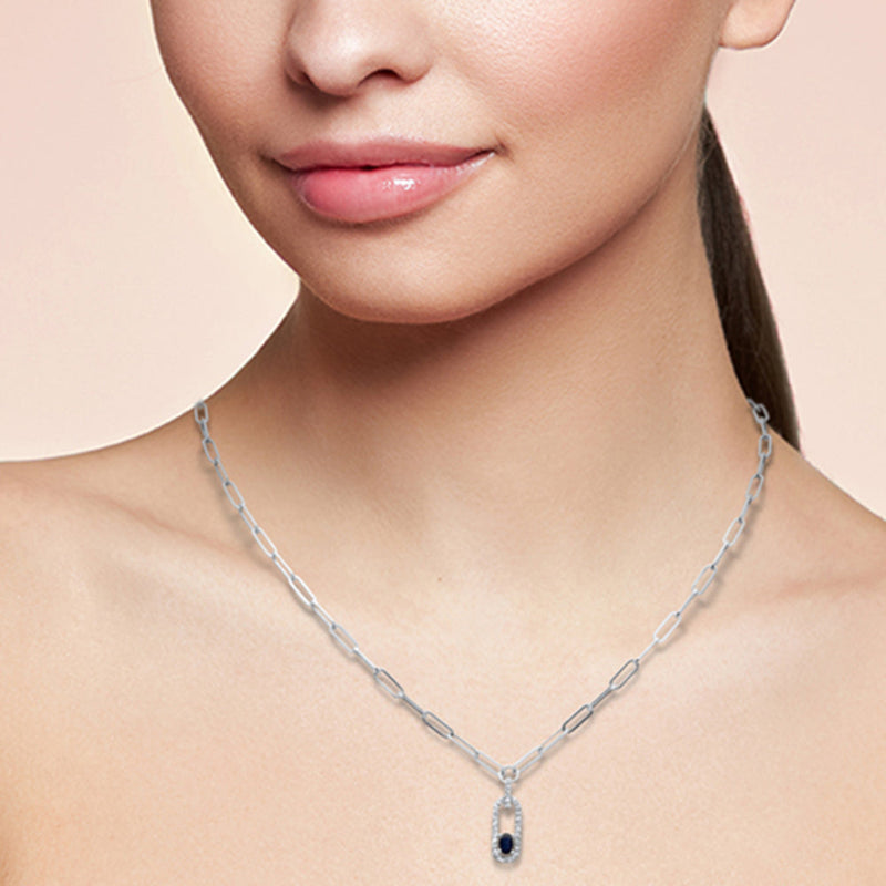 SPECIAL! .52ct G SI 14K White Gold Diamond & Blue Sapphire Paper Clip Pendant Necklace 14" + 2" EXT