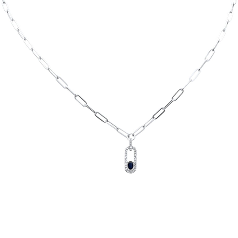 SPECIAL! .52ct G SI 14K White Gold Diamond & Blue Sapphire Paper Clip Pendant Necklace 14" + 2" EXT