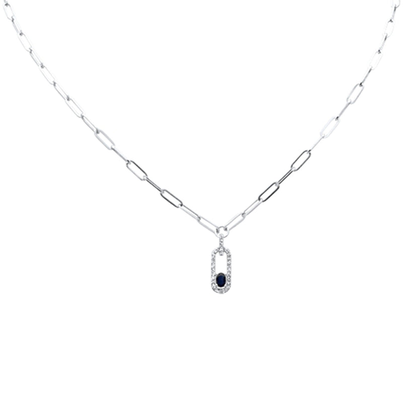SPECIAL! .52ct G SI 14K White Gold Diamond & Blue Sapphire Paper Clip Pendant Necklace 14" + 2" EXT