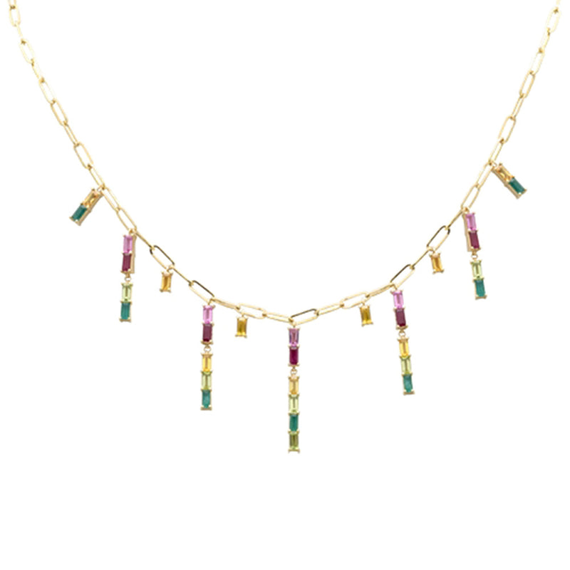GEMSTONE  CLOSEOUT!  4.35ct G SI 14K Yellow Gold Multi Color Gemstone Dangling Paper Clip Necklace 16" + 2" EXT