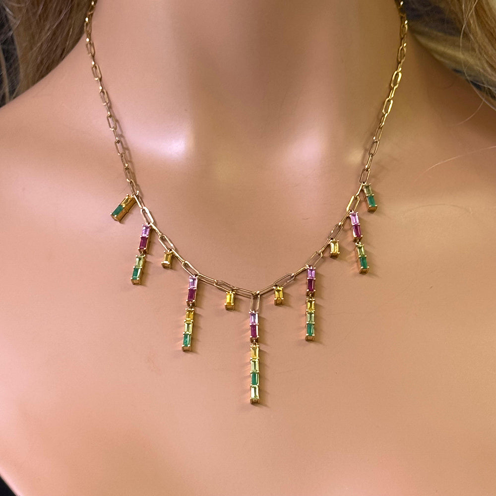 GEMSTONE  CLOSEOUT!  4.35ct G SI 14K Yellow Gold Multi Color Gemstone Dangling Paper Clip Necklace 16" + 2" EXT