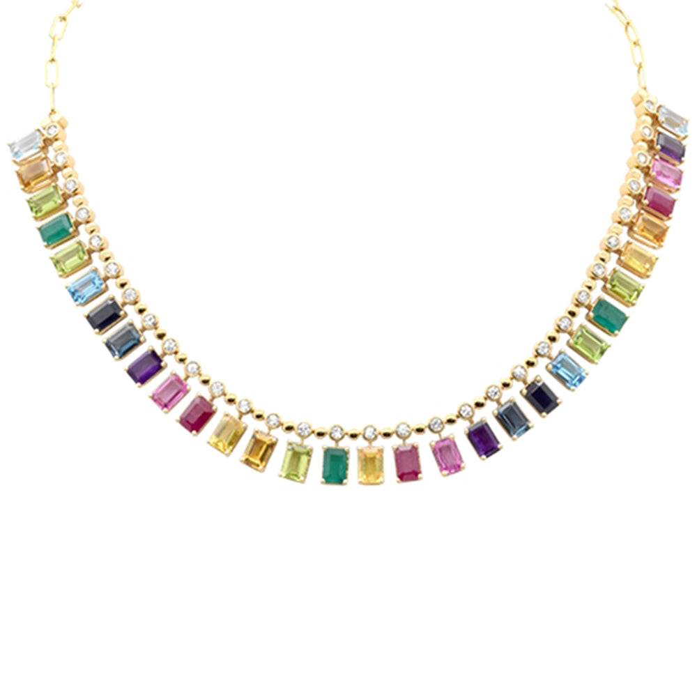 SPECIAL! 22.86ct G SI 14K Yellow Gold Diamond & Multi Color Gemstone Necklace 14" + 2" EXT