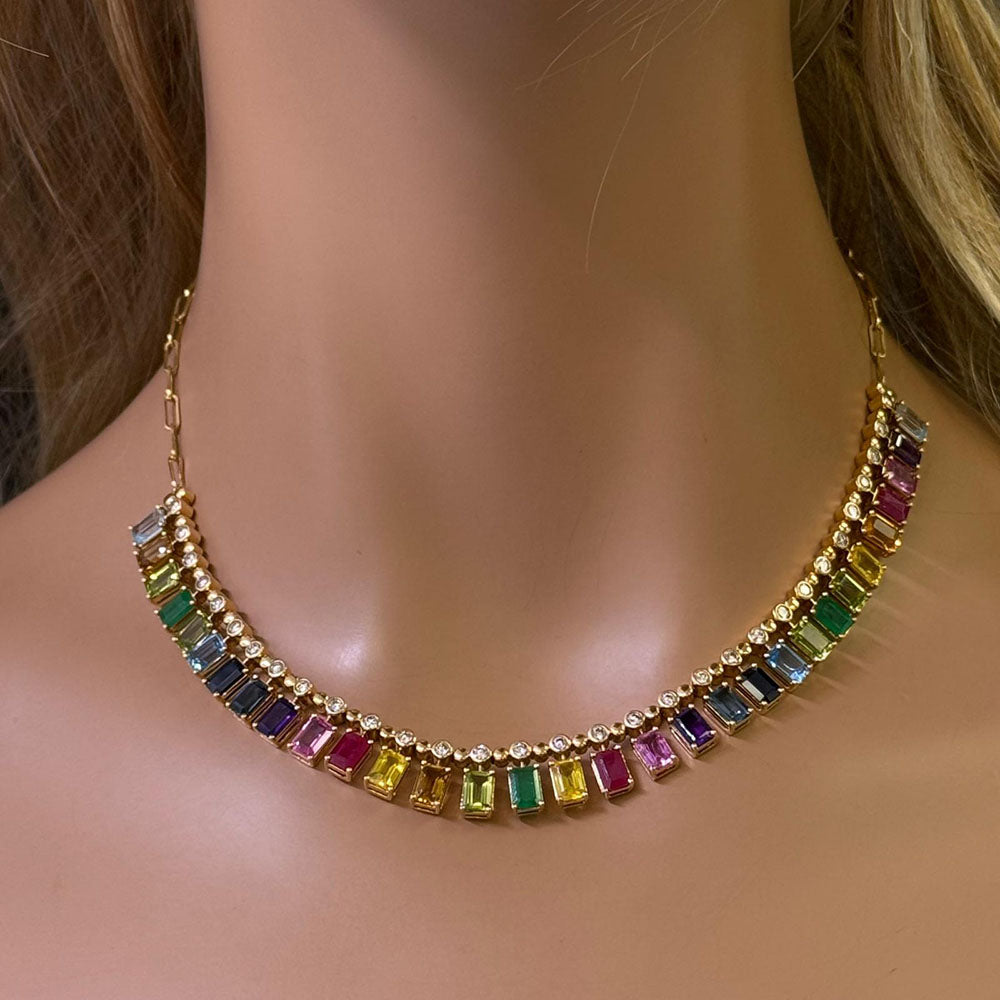 SPECIAL! 22.86ct G SI 14K Yellow Gold Diamond & Multi Color Gemstone Necklace 14" + 2" EXT