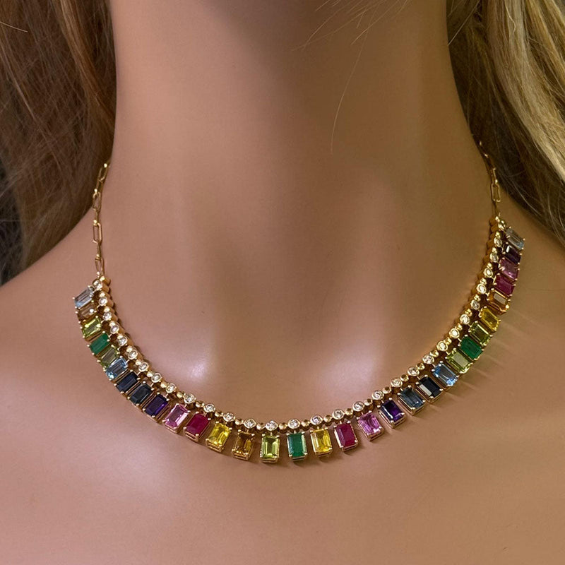 SPECIAL! 22.86ct G SI 14K Yellow Gold Diamond & Multi Color Gemstone Necklace 14" + 2" EXT