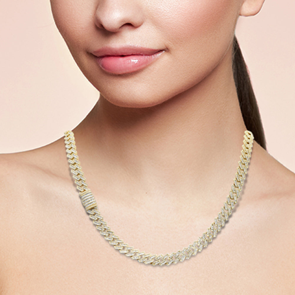 SPECIAL!7MM 7.68ct G SI 14K Yellow Gold Baguette & Round Diamond Square Cuban Necklace 22" Long