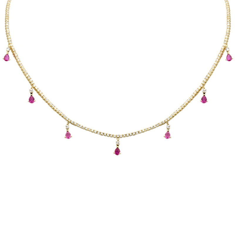 SPECIAL! 3.41ct G SI 14K Yellow Gold Diamond & Pink Sapphire Tennis Necklace 14" + 2" EXT