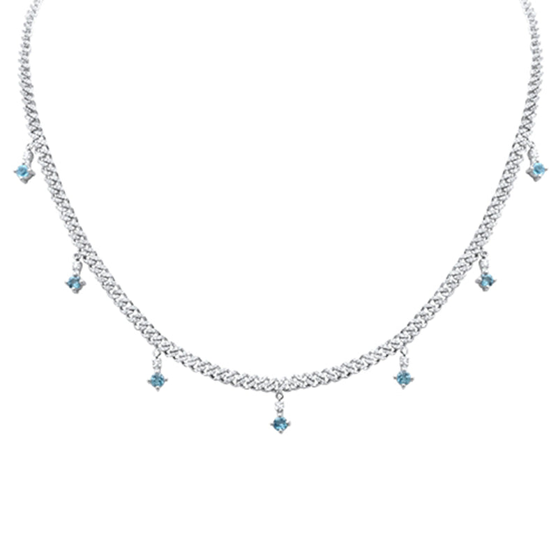 GEMSTONE CLOSEOUT!  2.27ct G SI 14K White Gold Diamond & Aquamarine Cuban Link Necklace 12" + 4" Long