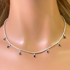 SPECIAL! 3.41ct G SI 14K White Gold Diamond & Blue Sapphire Gemstone Tennis Necklace 14" + 2" Long